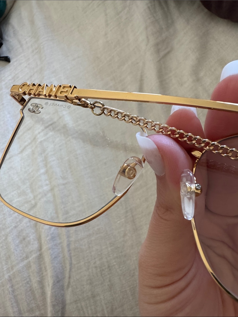 CHANEL Gold Metal Cat-Eye Glasses with Chain - Picture 7 of 7